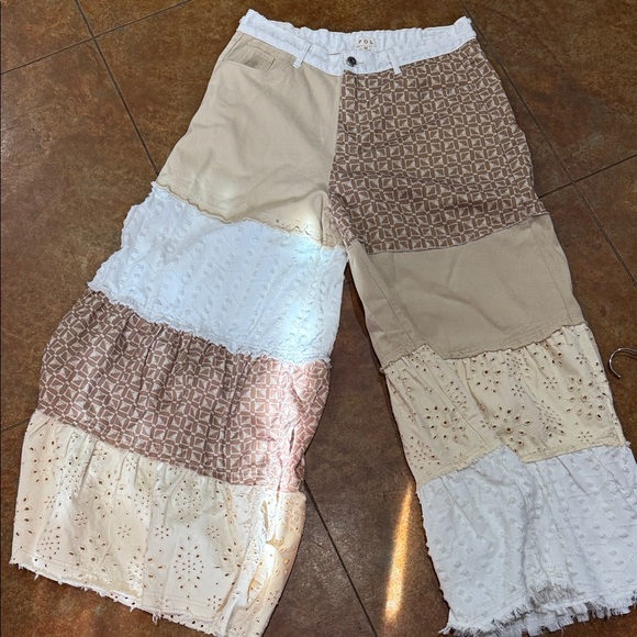 POL Patchwork Wide Leg Pants in Cream and Tan - Picture 5 of 9